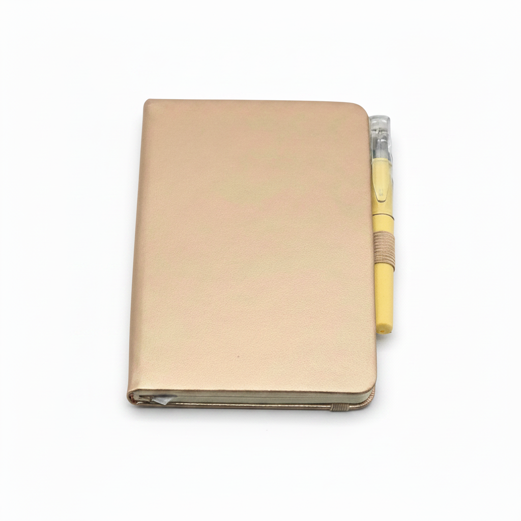 A metallic rose gold notebook with a pen tucked beside it, shown on a clean white background.