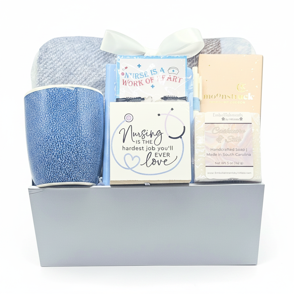 A gift set in a white magnetic box featuring a blue textured mug, a blue blanket tied with a white ribbon, decor that reads 'Nursing is the hardest job you'll ever love,' a packaged handcrafted soap, and a cream soap bar.