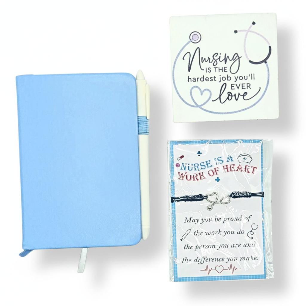 Blue mini notebook with pen, a nurse bracelet, and nurse decor.
