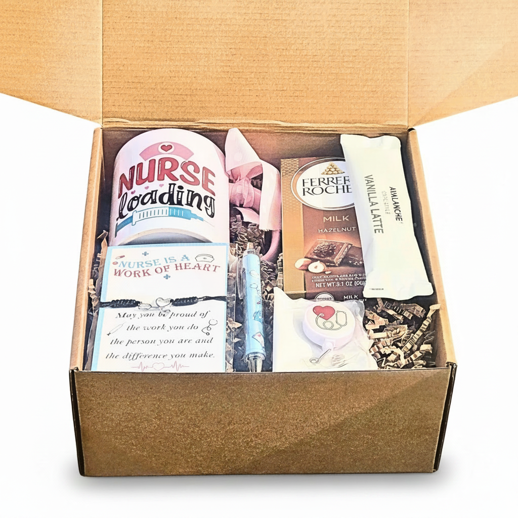 A curated gift box for nurses, shown open with its cardboard lid behind it. The box contains a white mug, a boxed Milk Chocolate bar, a vanilla latte flavored stick, a bracelet, and a blue and white pen, all arranged in brown paper shred.