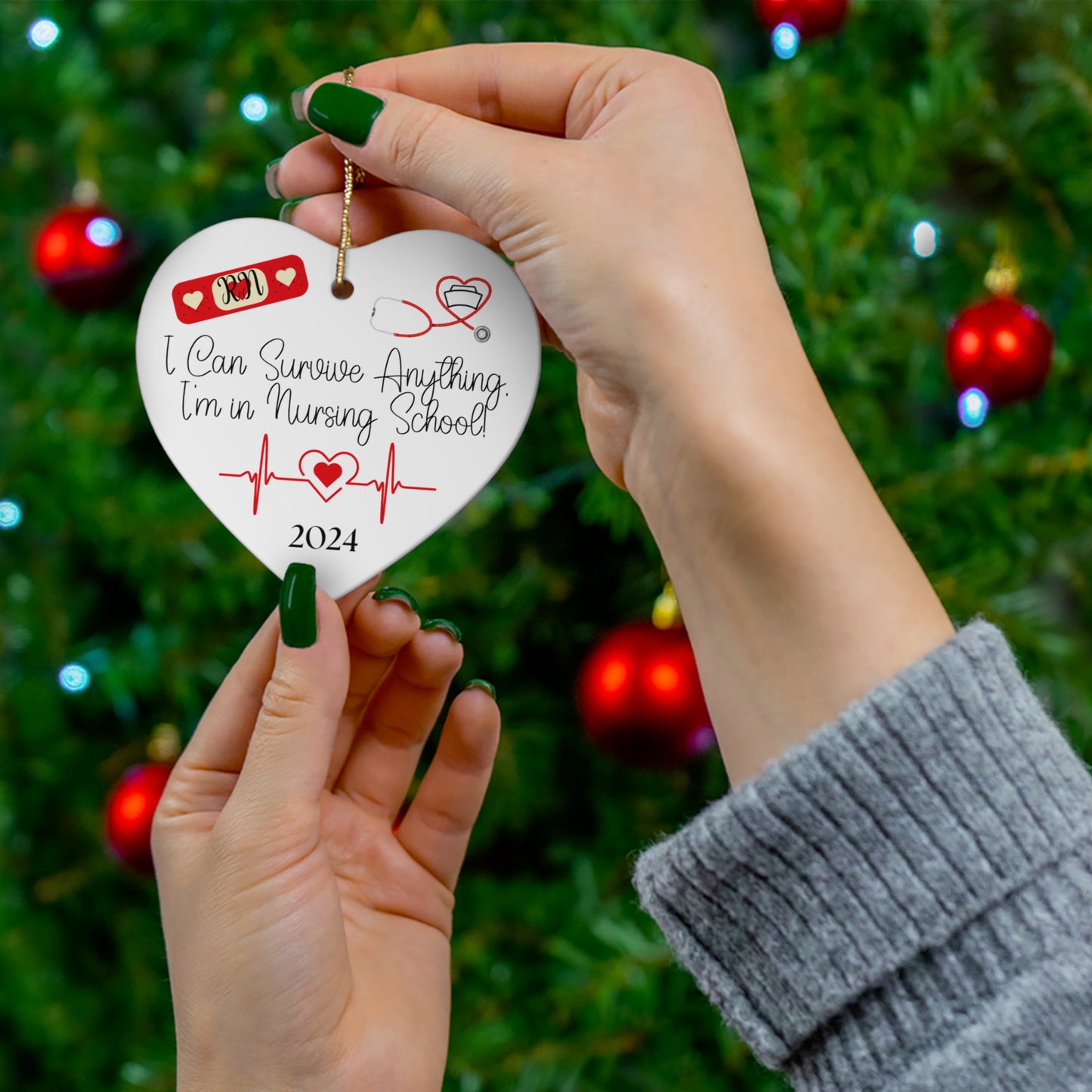 Surviving Nursing School ornament featuring a resilient heart design, perfect for celebrating the journey of nursing students. Ideal for holiday décor or as a thoughtful gift.