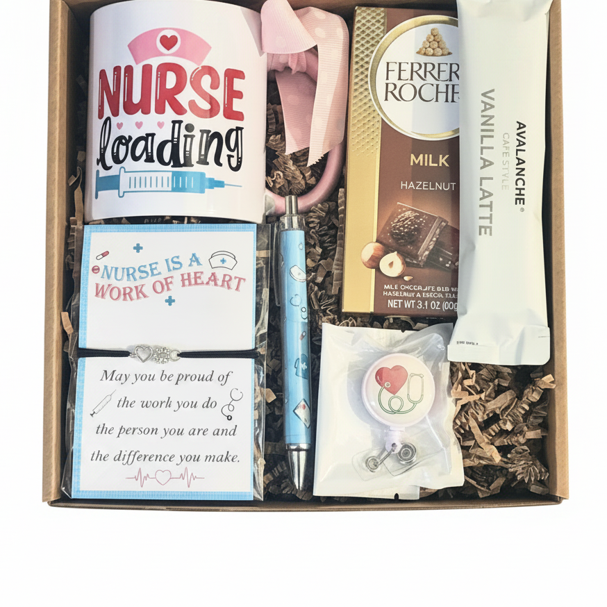 A curated gift box for nurses, containing a white mug, a chocolate bar, a tube of Avalanche vanilla latte, a blue patterned pen, a small card with a nurse quote, and a small heart-and-stethoscope retractable lanyard, all arranged in shredded brown paper inside a kraft box.