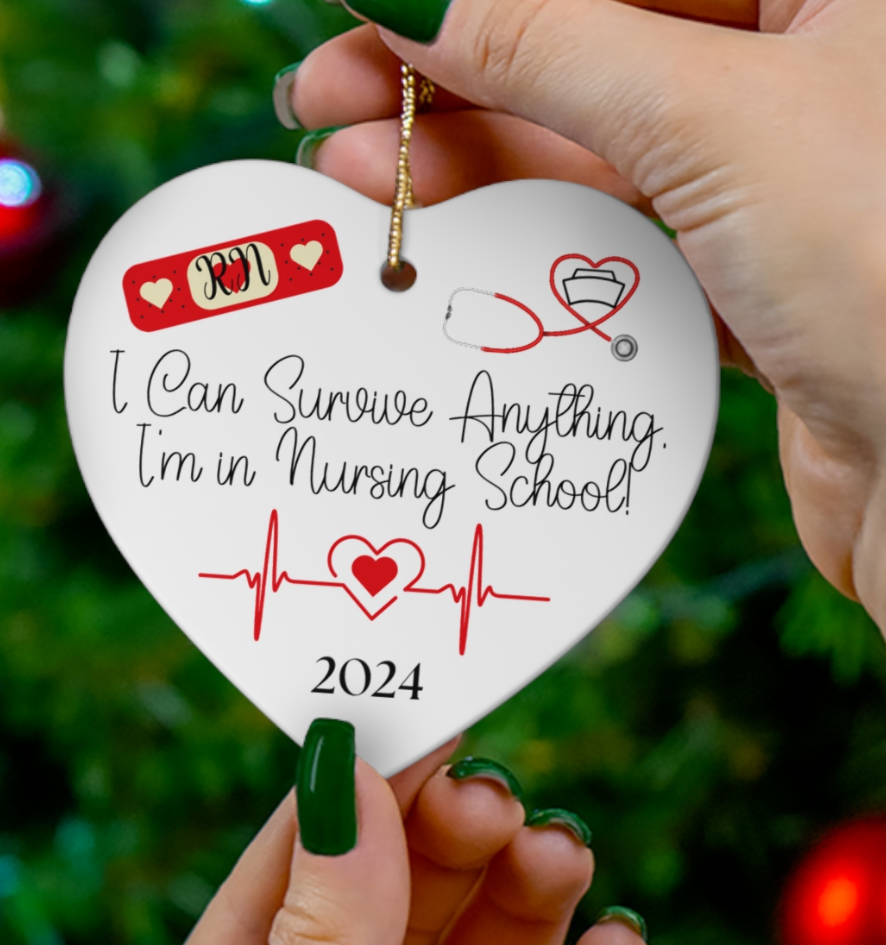 Inspirational nursing school ornament featuring a heartfelt message, perfect for tree decoration or as a meaningful gift for nursing students.