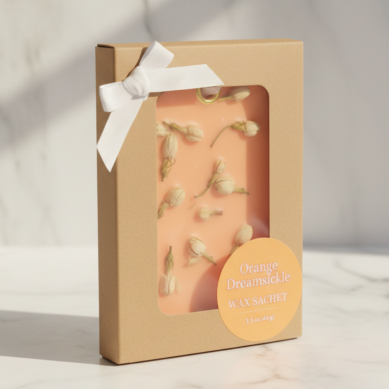 An orange-colored wax melt in a square kraft paper box with a clear window, decorated with a white ribbon bow and a circular orange label that reads 'Orange Dreamsickle Wax Sachet'.