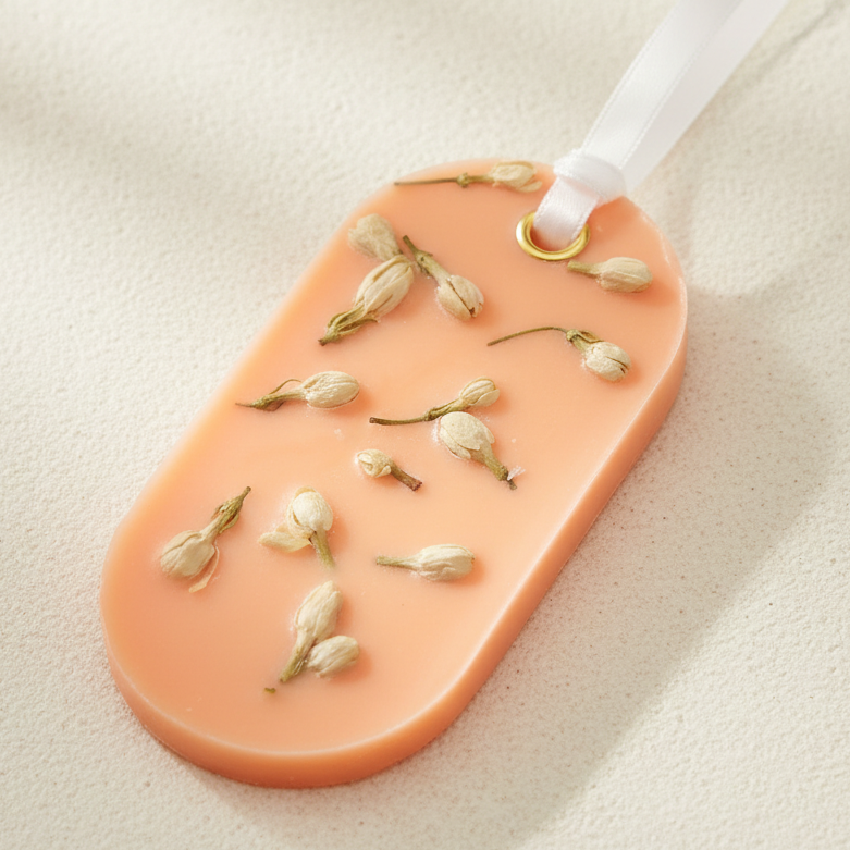 An oval orange-colored wax sachet with dried white flower buds embedded inside, featuring a white ribbon loop at the top.