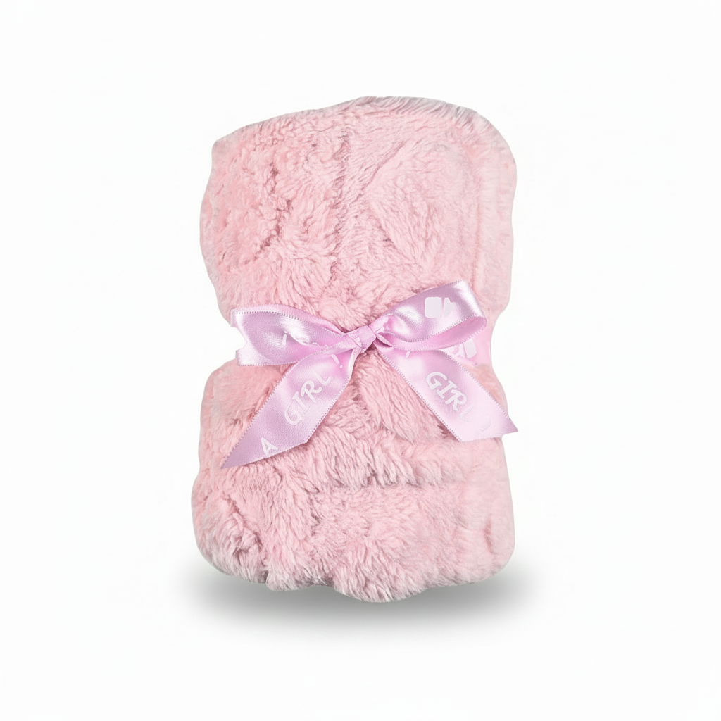 A rolled light pink plush blanket tied with a pink satin ribbon bow, shown on a clean white background.