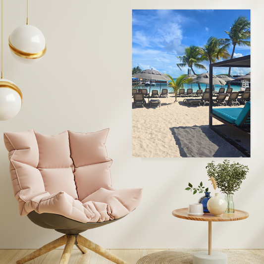 Poster of the Beach with palm trees in the Bahamas, front view.