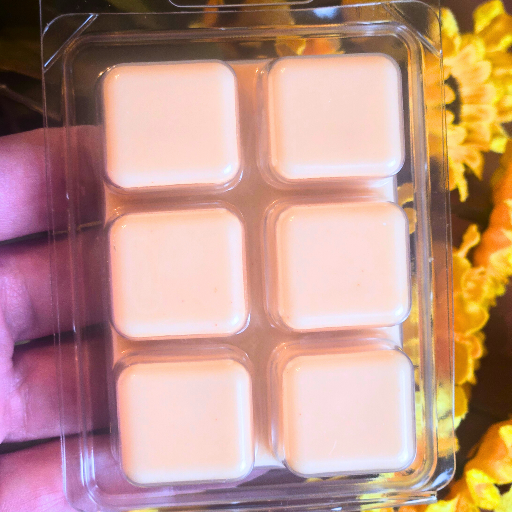 Close-up of pumpkin cinnamon bun scented wax cubes made of natural soy wax, back view.