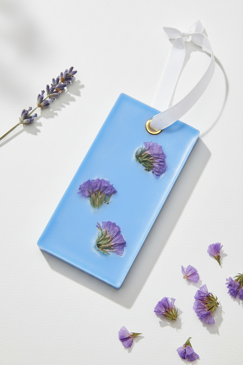 A blue rectangular tag with a white ribbon loop and gold-tone ring, decorated with three pressed purple flowers. The tag is styled on a white background with scattered lavender sprigs.