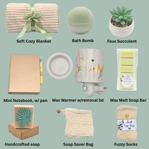 Collection of home and lifestyle products including a soft cozy blanket, bath bomb, faux succulent, mini notebook with pen, wax warmer, wax melt snap bar, handcrafted soap, soap saver bag, and fuzzy socks on a light green background.