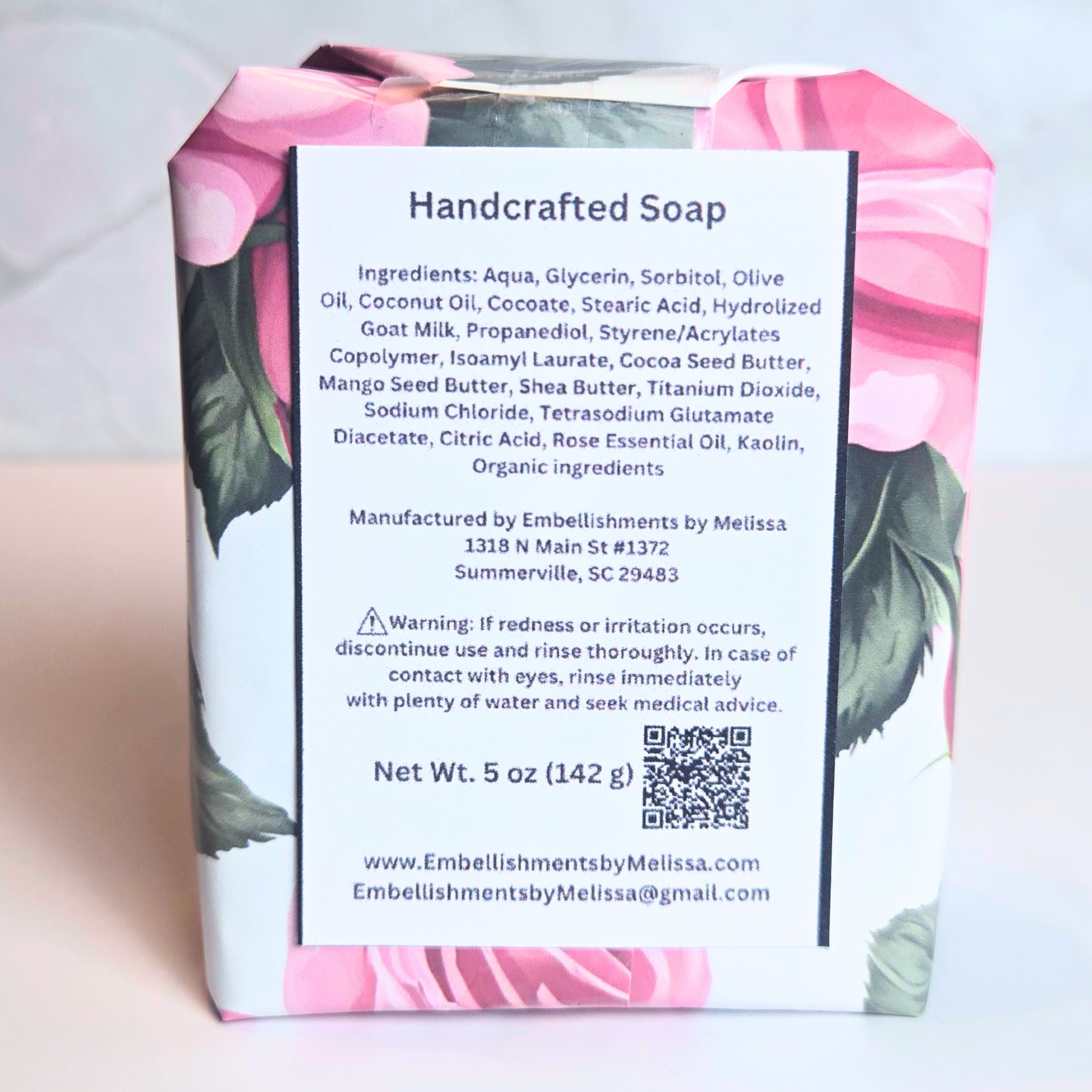 Floral handcrafted soap with romantic rose fragrance, back view.