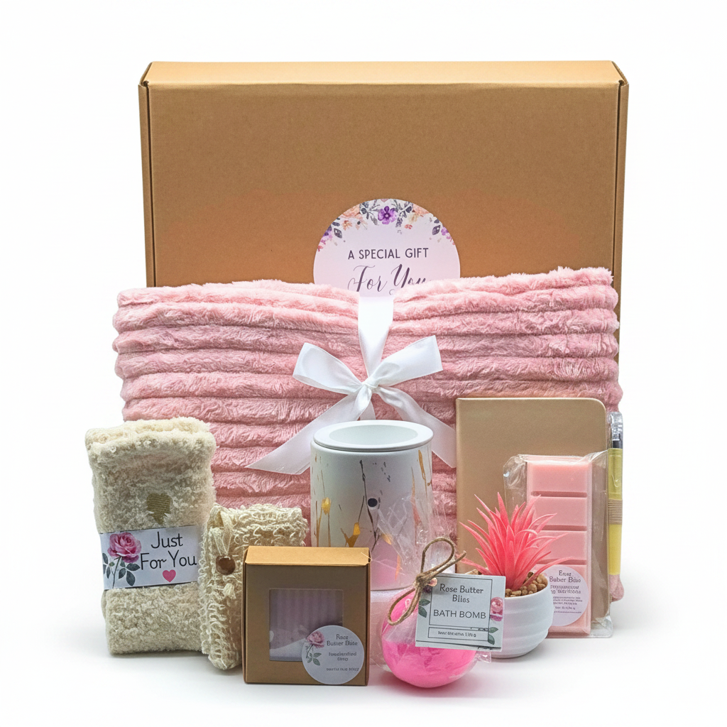 A curated gift set arranged in front of a large brown kraft box on a white background. The set includes wax warmer, rose scented  wax melts, a cream-colored blanket with a pink ribbon, a mug, a soap bar with soap saver bag, a small succulent, cozy socks, a bath bomb, and notebook with pen.
