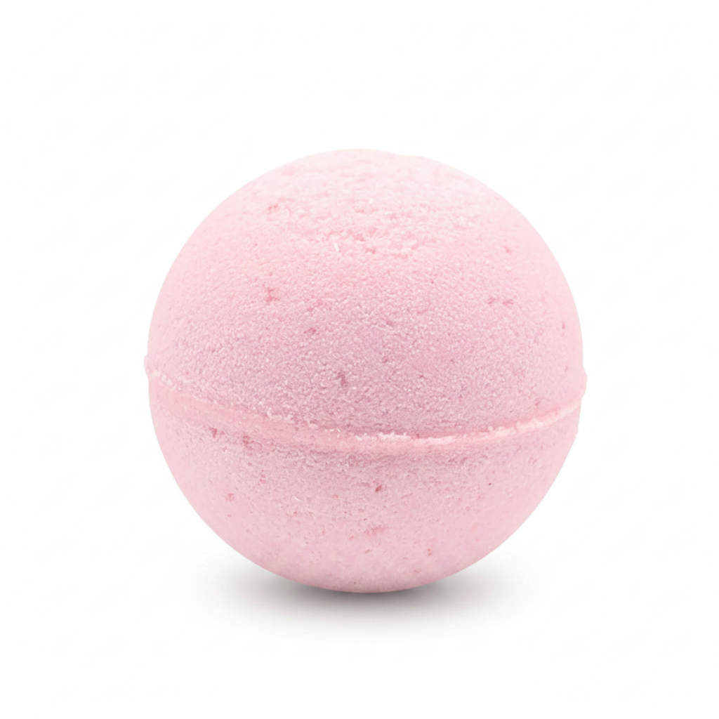 A pink spherical bath bomb with a textured, porous surface, shown against a plain white background.
