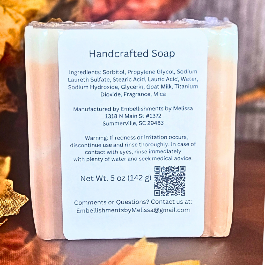Close-up of cozy fall scented soap with pumpkin and vanilla notes in goat milk base.