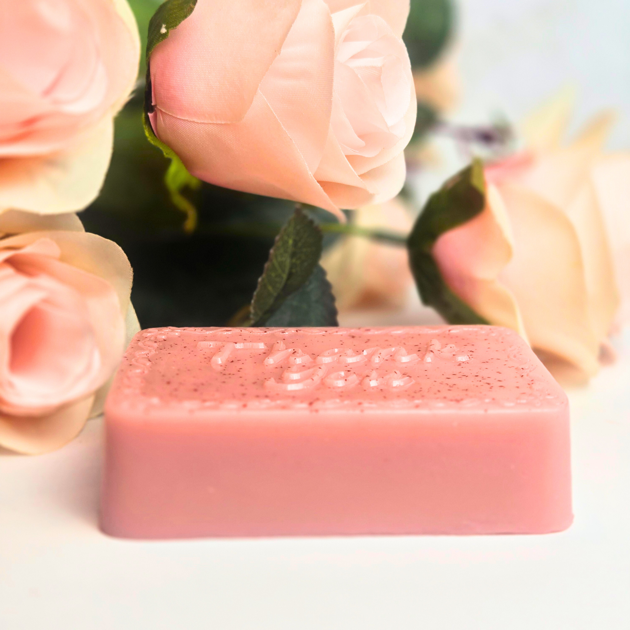 Minimalist wedding soap favor bar featuring rose kaolin clay and a light floral-fruity aroma
