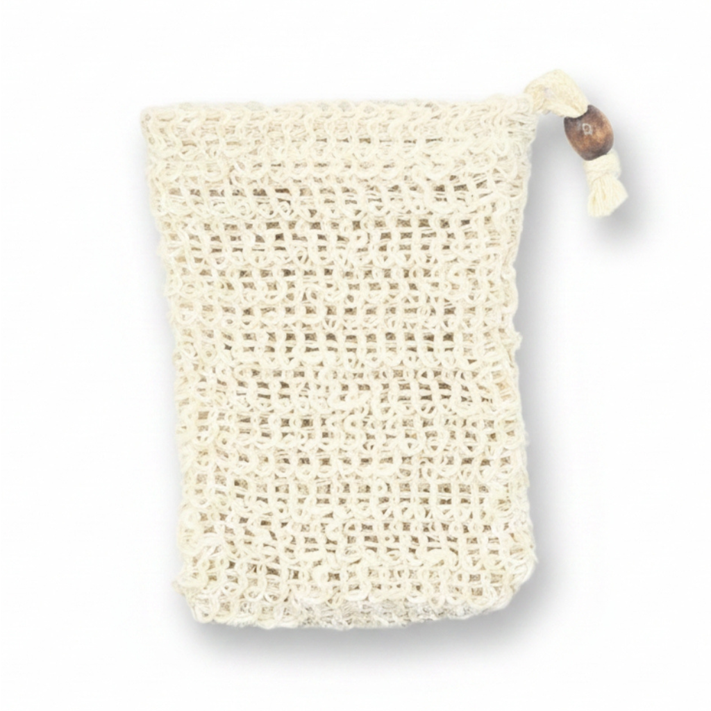A beige crocheted soap bag with a drawstring closure and a small wooden bead accent, shown on a plain white background.