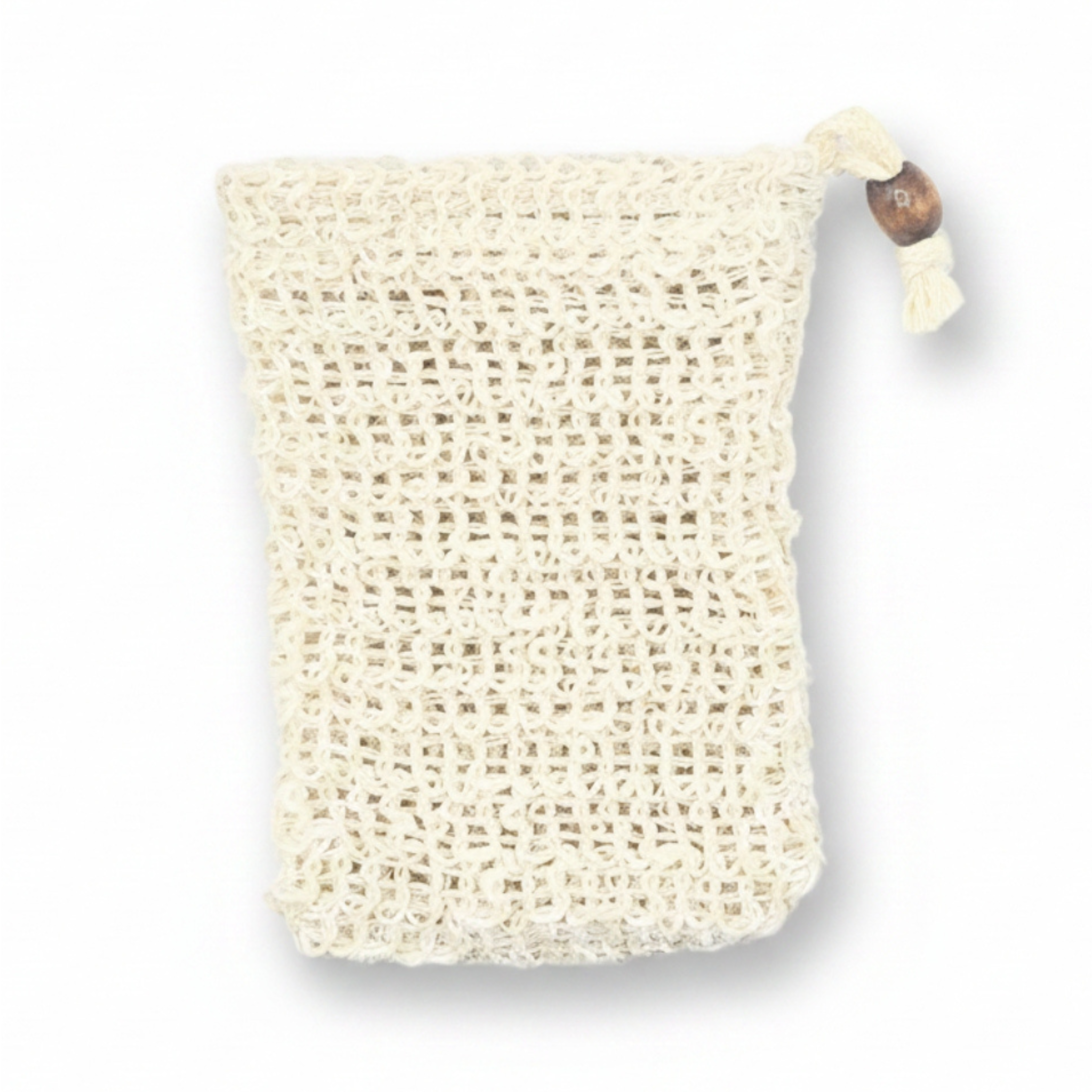 A beige crocheted soap bag with a drawstring closure and a small wooden bead accent, shown on a plain white background.