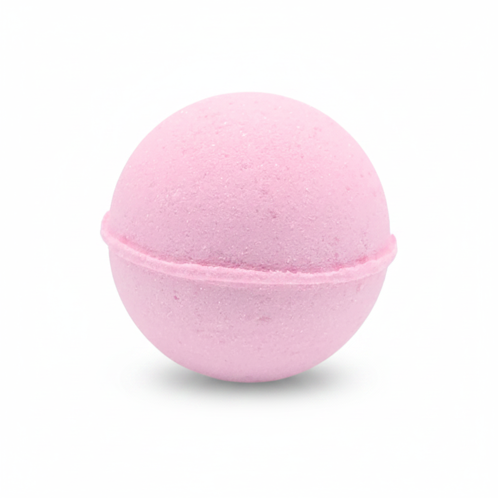 A pink spherical bath bomb with a textured, porous surface, shown against a plain white background.
