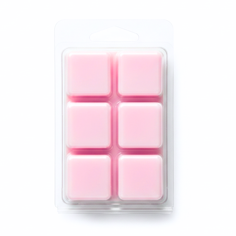 Six pink wax melts in a clear plastic clamshell package with a hanging tab, centered on a white background.