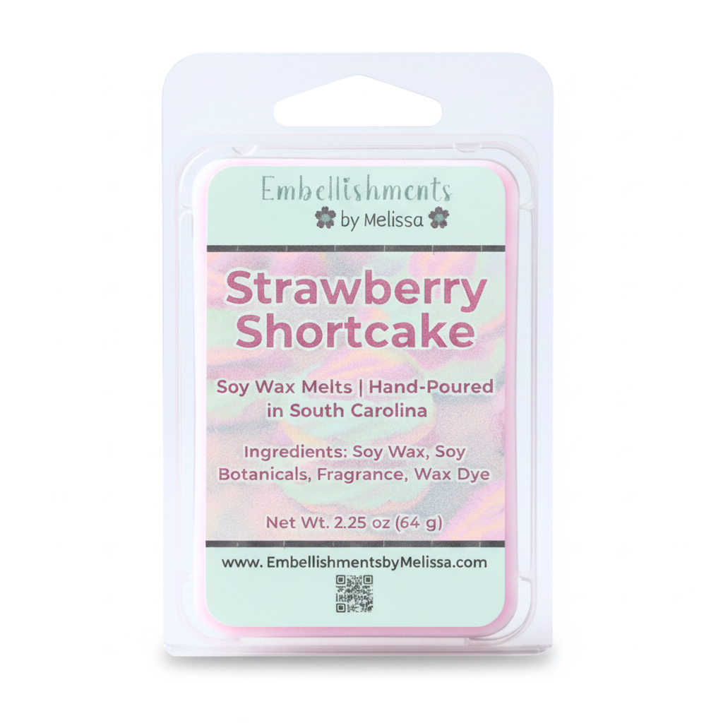 Embellishments by Melissa Strawberry Shortcake soy wax melts in a clear plastic clamshell package with a label.