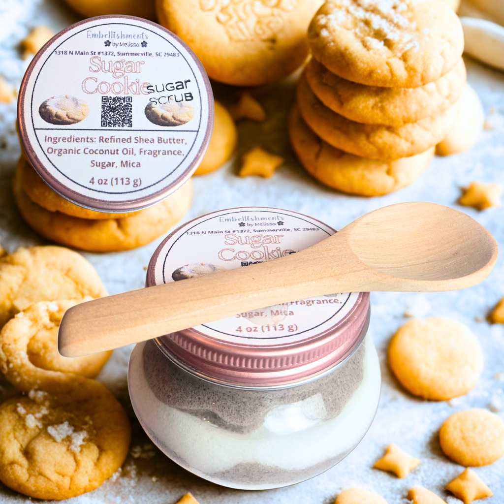 Jar of Sugar Cookie Whipped Body Scrub showing soft white and brown fluffy texture, made with coconut oil and shea butter