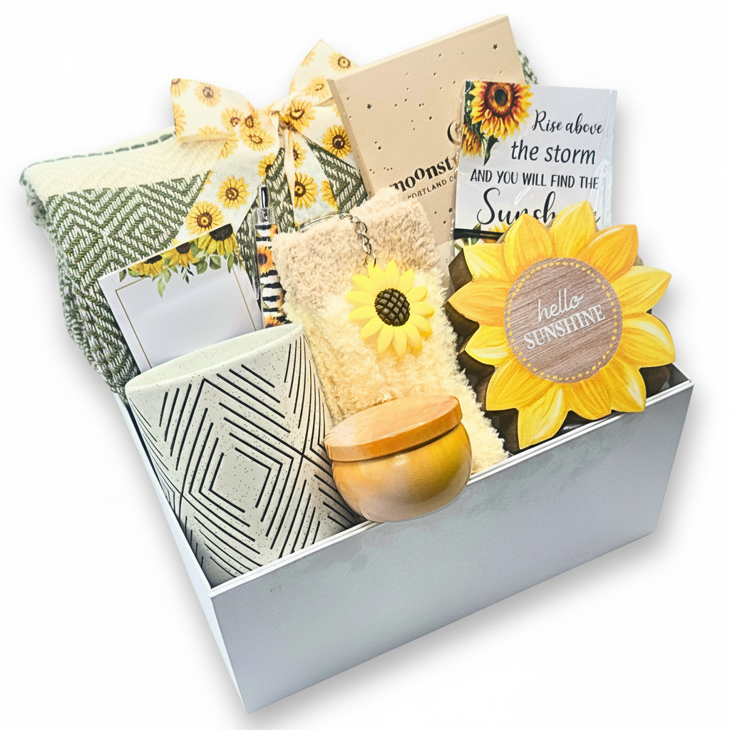 A curated gift box filled with sunflower-themed and neutral-toned items, including a patterned mug, a candle, a floral ribbon, and a greeting card.