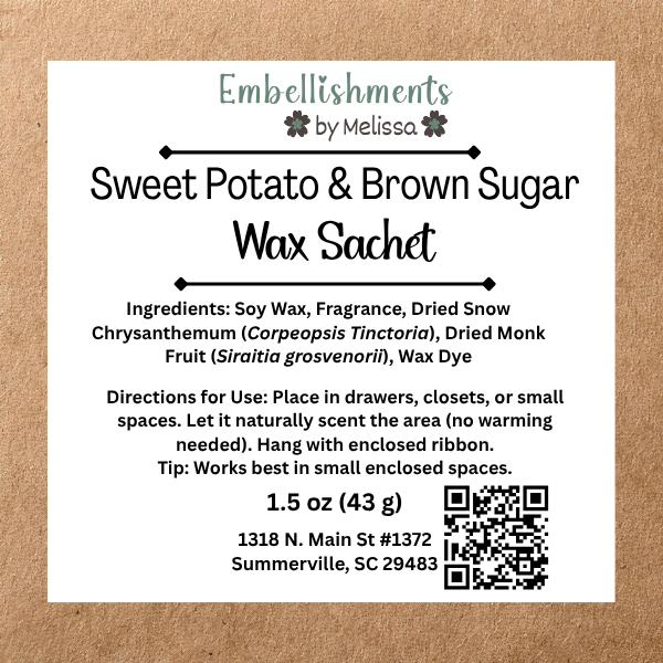 A rectangular white product label for 'Sweet Potato & Brown Sugar Wax Sachet' by Embellishments by Melissa, displayed on a textured brown kraft paper background. The label details the ingredients, directions for use, size.