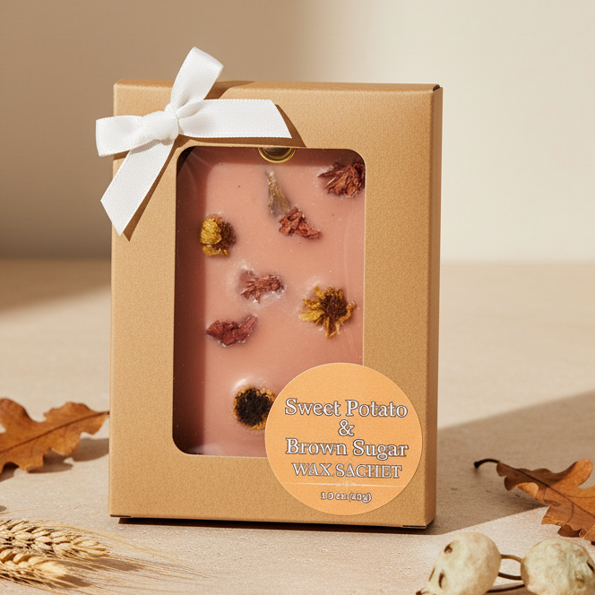 A packaged wax melt in a kraft paper box with a clear window, tied with a white ribbon. The wax is orange with dried flower buds embedded, and an orange-colored circular label reads 'Sweet Potato & Brown Sugar WAX SACHET'.
