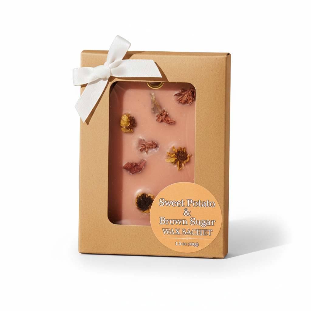 A Sweet Potato & Brown Sugar Wax Sachet in a kraft paper box with a white ribbon bow, featuring a clear window showing the orange wax and dried flower inclusions.