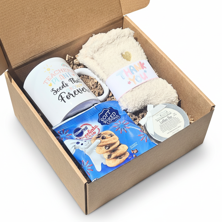 A curated teacher gift set arranged inside an open brown kraft box on a white background. The set includes a white ceramic mug, a pair of cream plush socks with a 'THANK YOU' label, a blue package of soft chocolate chip cookies and a small round tin lotion bar.