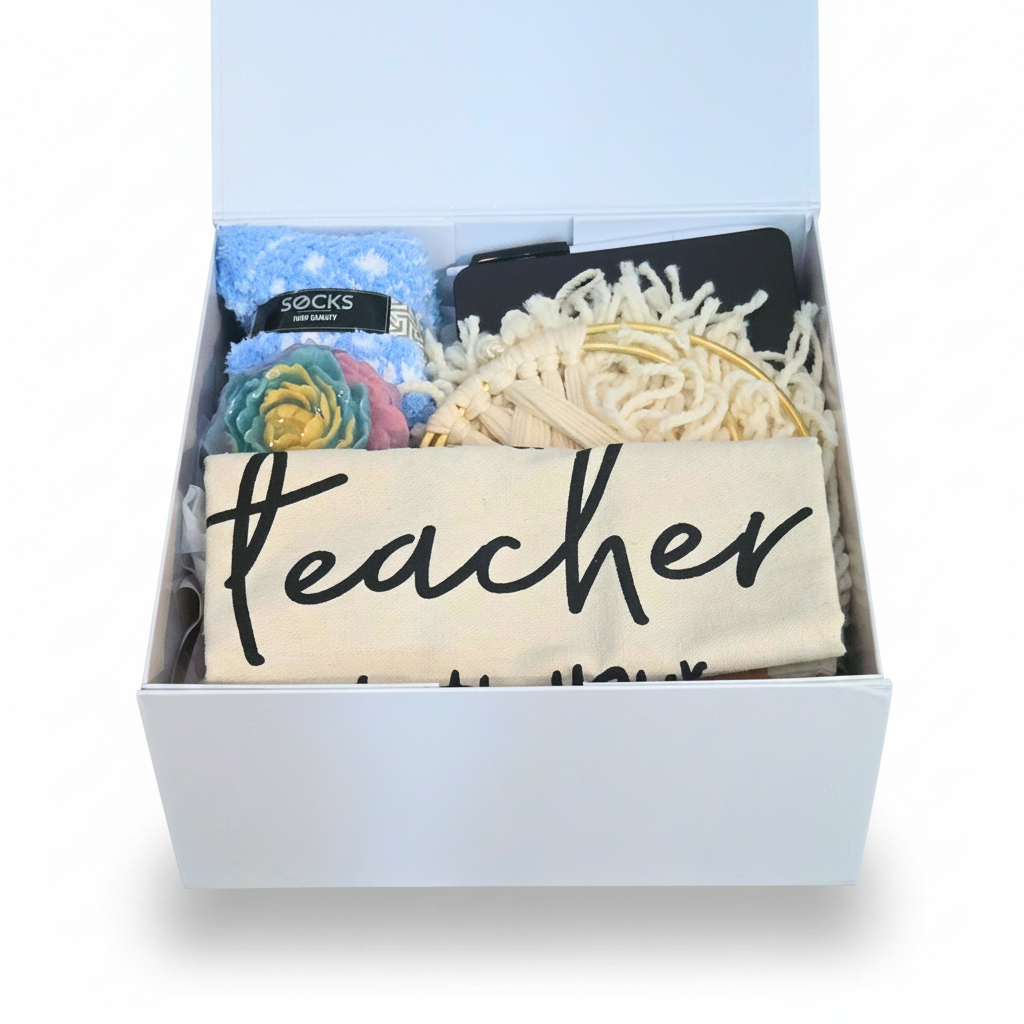 A white gift box containing a beige fabric tote bag, along with cozy socks, hancrafted soap and wall decor with shredded paper filler.