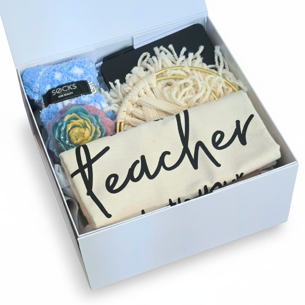 A curated gift box set for teachers, featuring a cream canvas bag, a black notebook, a multicolor flower soap, blue fluffy socks, and wall decor, all arranged inside a white box.