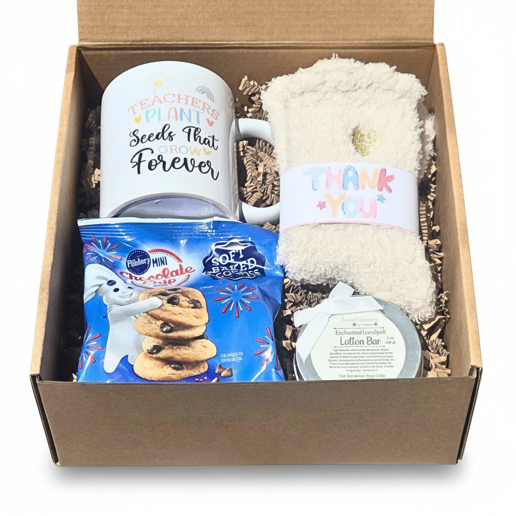 A curated gift set containing a white ceramic mug, cozy cream-colored knit sockss with a 'THANK YOU' band, a blue bag of Pillsbury soft chocolate chip cookies, and a small round tin lotion bar, all arranged in a kraft box with shredded paper filler.