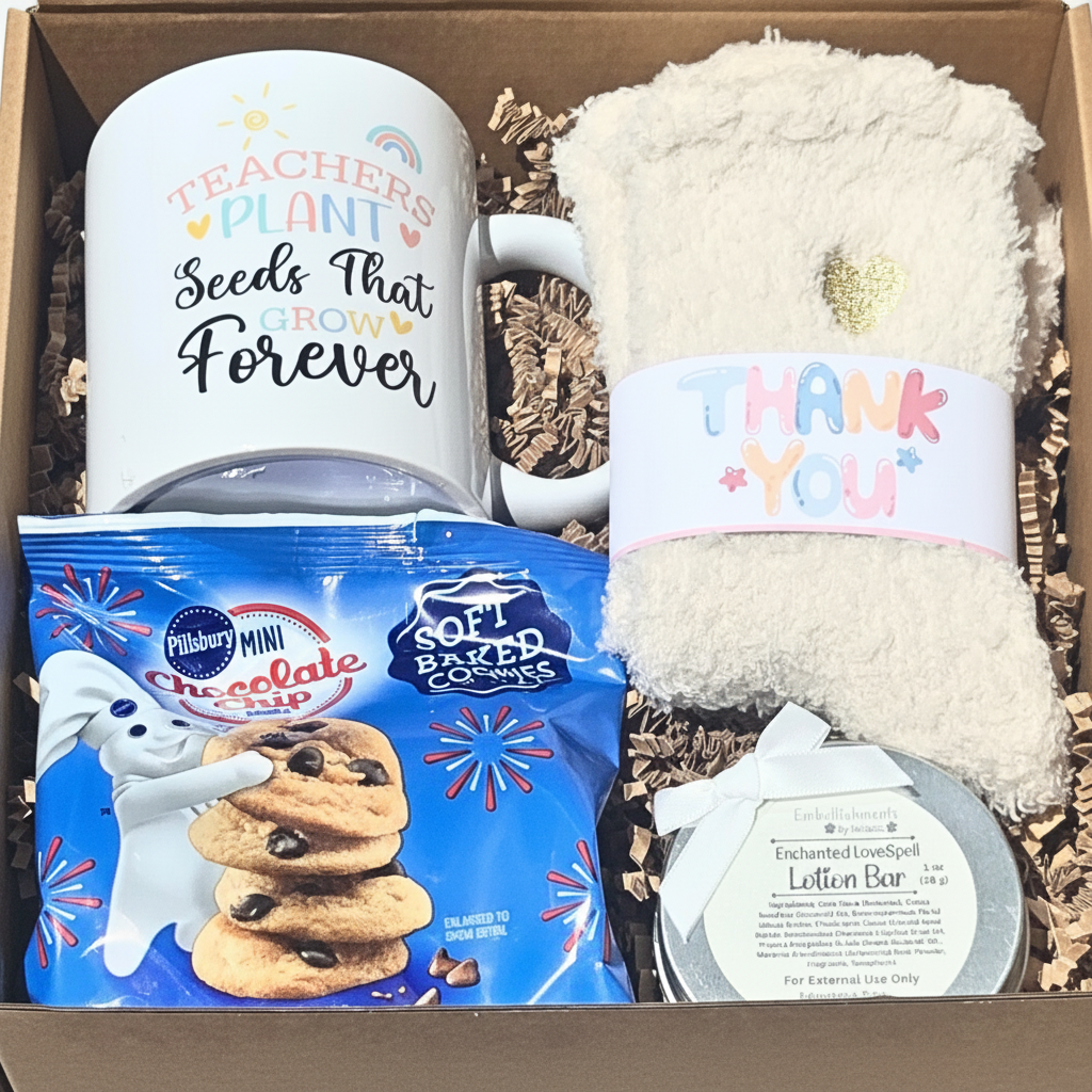 A curated gift box set containing a white  mug, cozy socks with a 'Thank You' paper band, a bag of Pillsbury Mini Chocolate Chip cookies, and a small round tin lotion bar, all arranged in brown crinkle paper inside a kraft box.