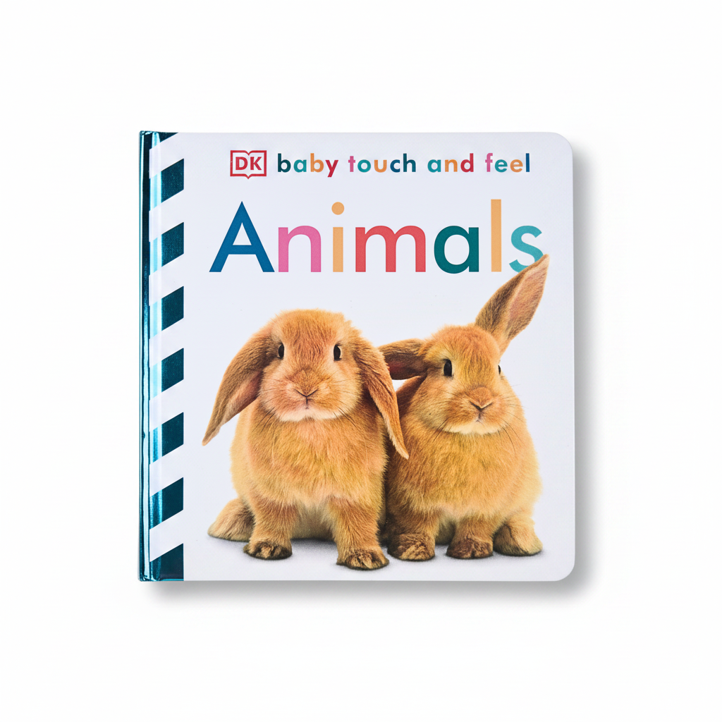 Touch and feel Animals children's board book featuring two brown rabbits on a white cover with colorful title text.