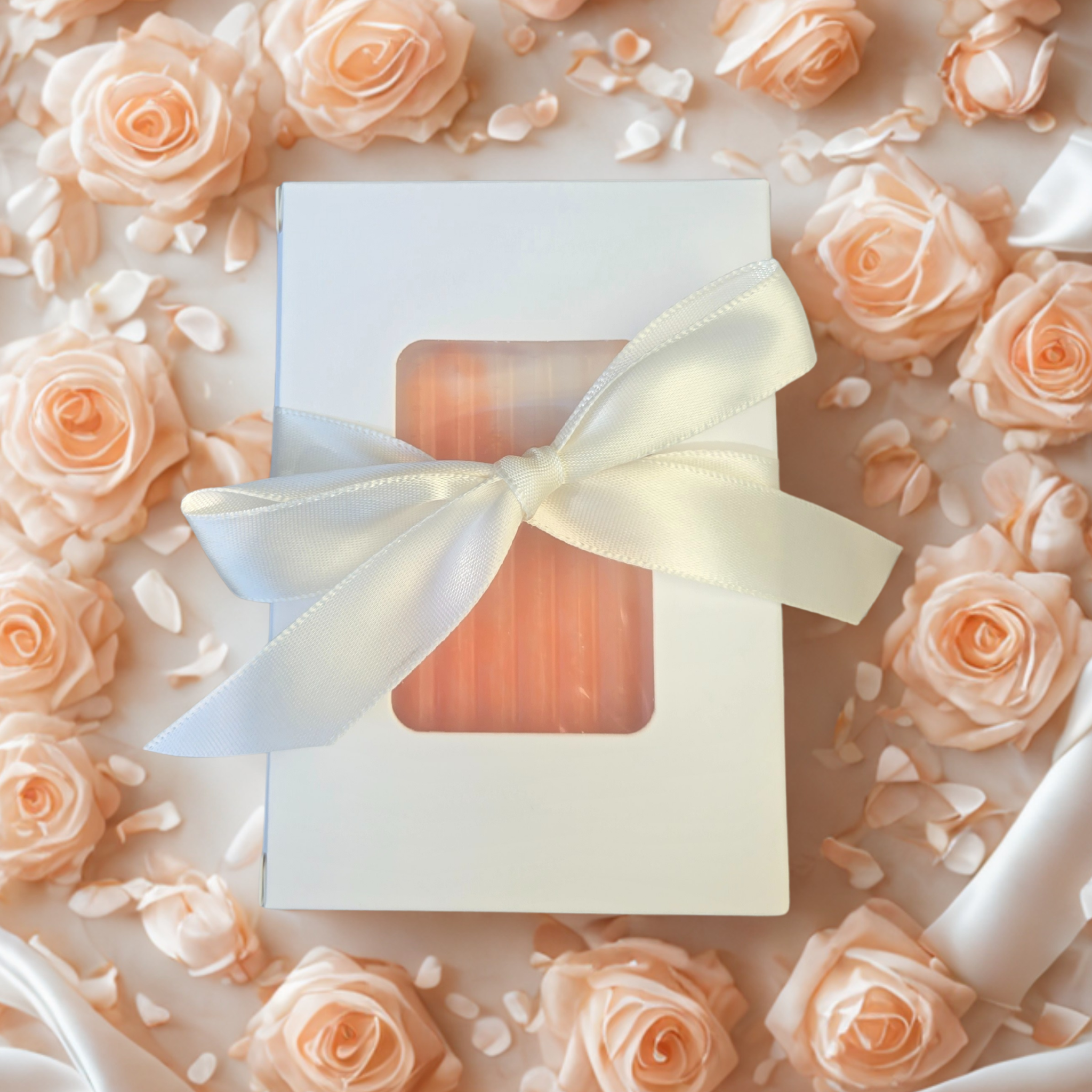 Orange and white bar soap in white box with bow and floral background, front view.