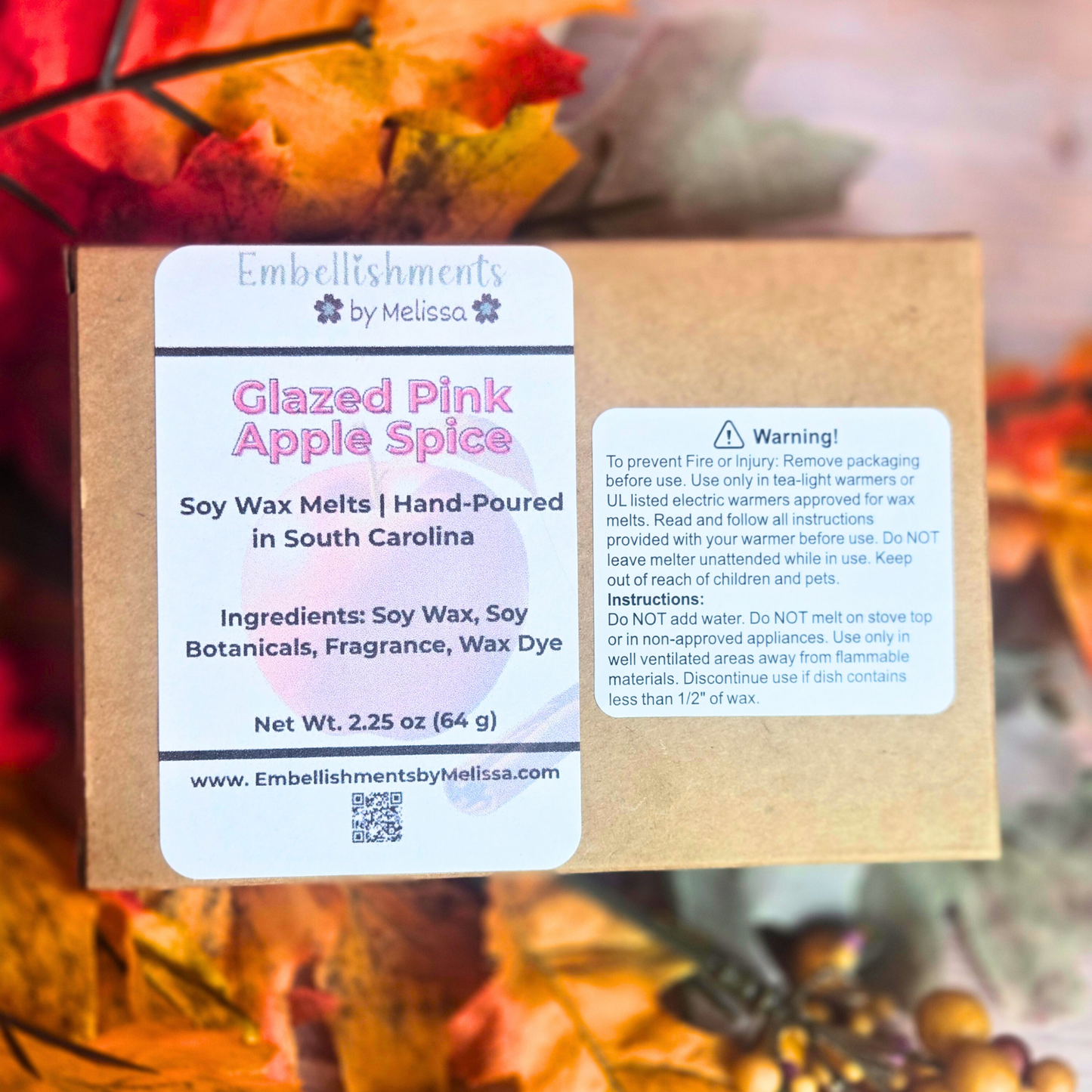 Kraft box showing description of wax melts, back view.