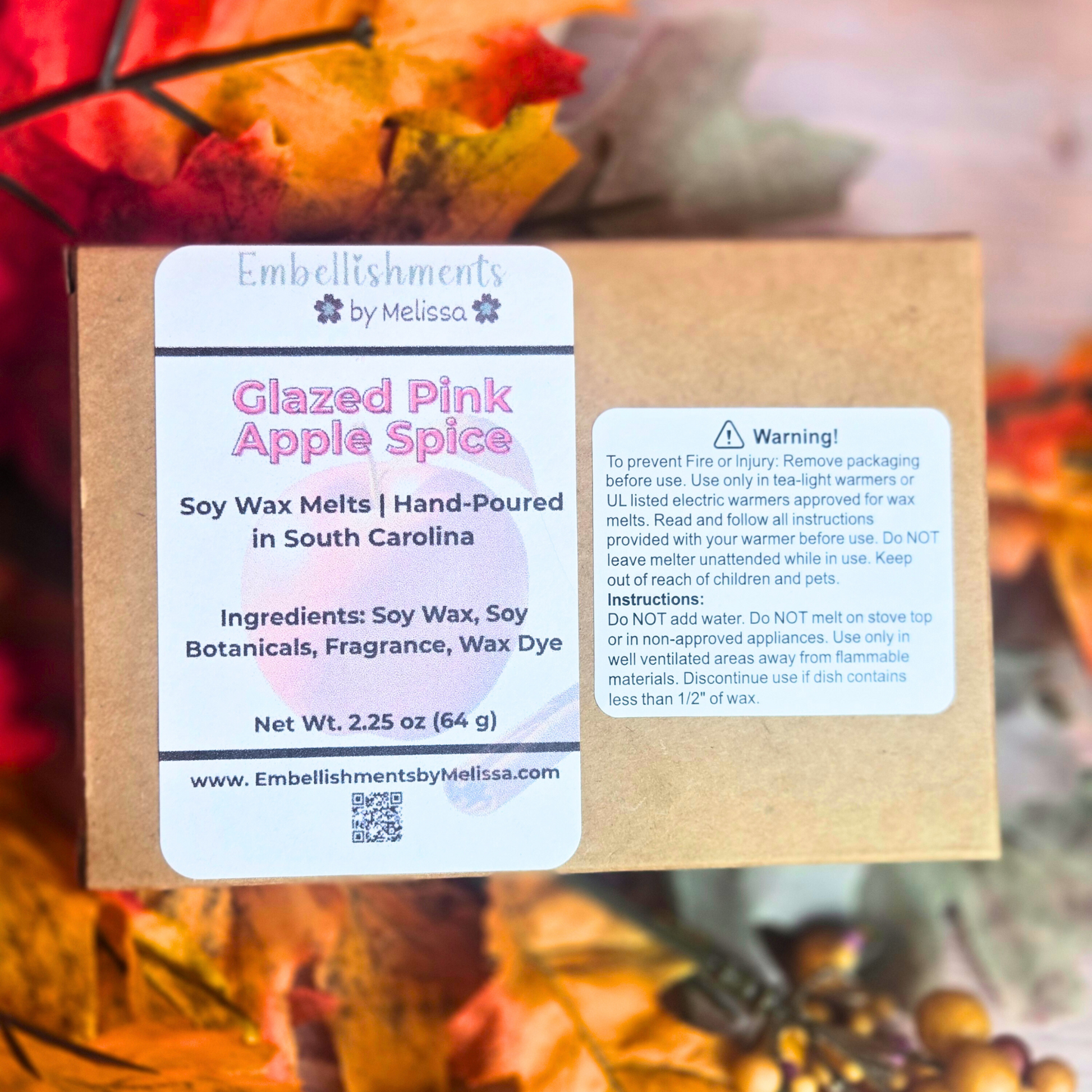 Kraft box showing description of wax melts, back view.