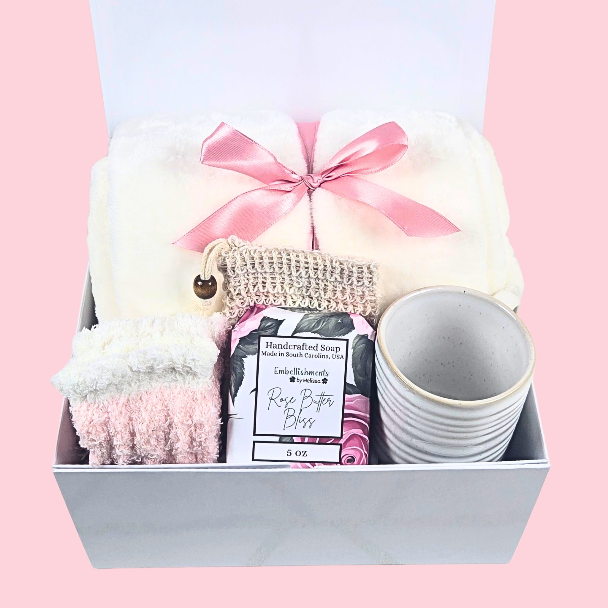 Rose-Themed Gift Box – White Blanket with Pink Ribbon, Pink Socks, Rose-Scented Soap & Cute Mug | Cozy Self-Care Set