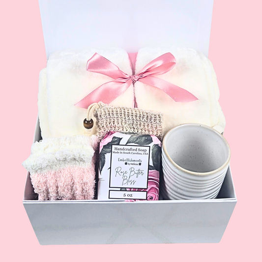 Rose-Themed Gift Box – White Blanket with Pink Ribbon, Pink Socks, Rose Soap & Cute Mug | Cozy Self-Care Set