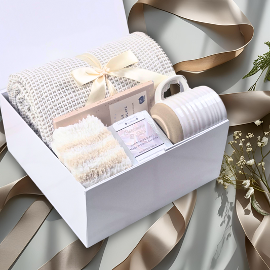 Luxury Neutral-Tone Gift Box with Throw Blanket, Fuzzy Socks, Cashmere & Silk Goat Milk Soap, and Mug