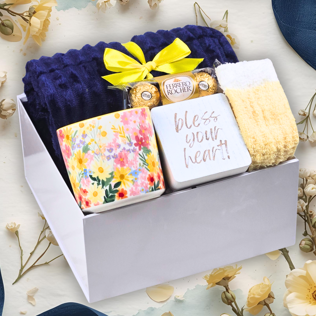 Southern Hospitality Gift Box – Cozy Navy Throw, Floral Mug, ‘Bless Your Heart’ Decor, Fuzzy Socks & Chocolates
