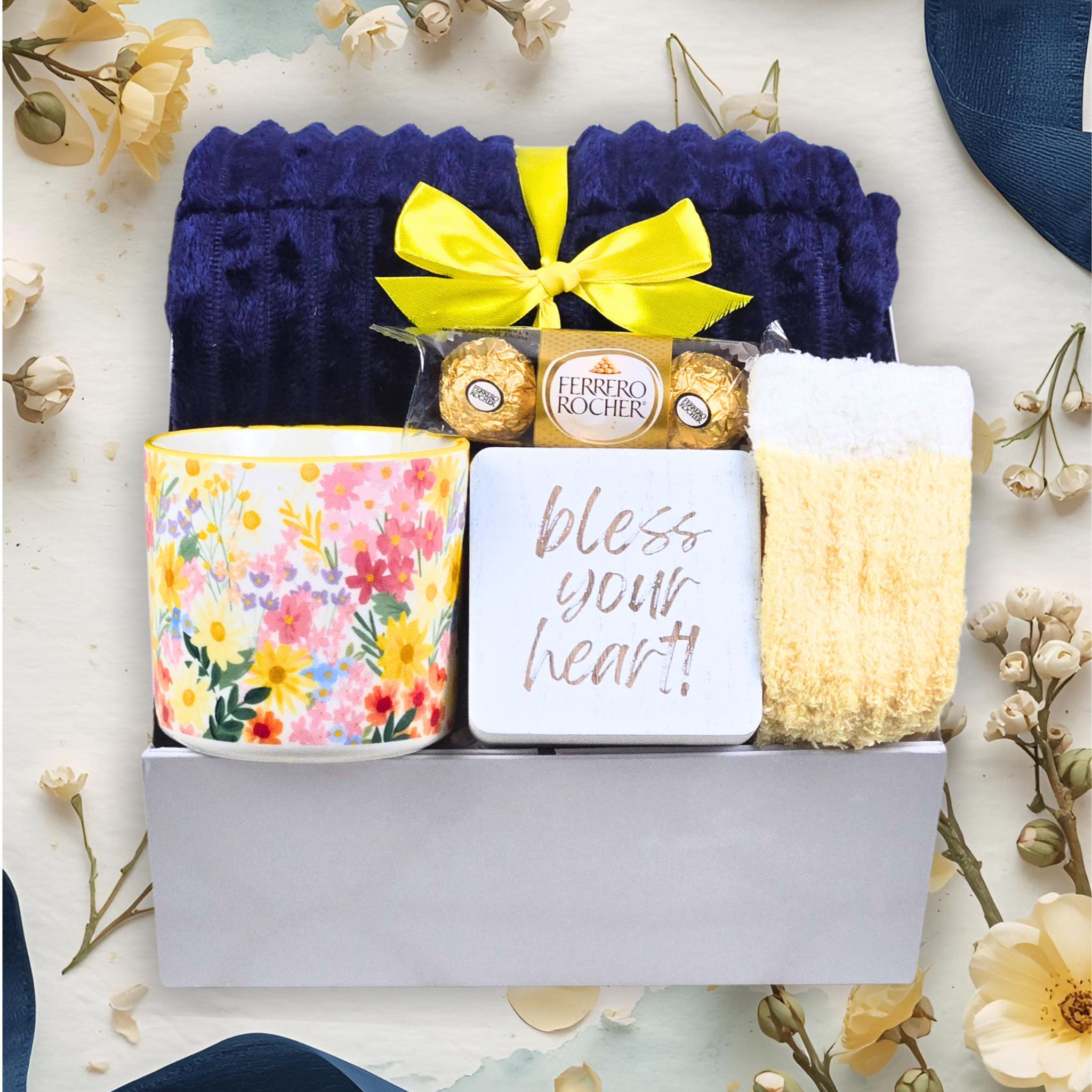 Southern Hospitality Gift Box – Cozy Navy Throw, Floral Mug, ‘Bless Your Heart’ Decor, Fuzzy Socks & Chocolates