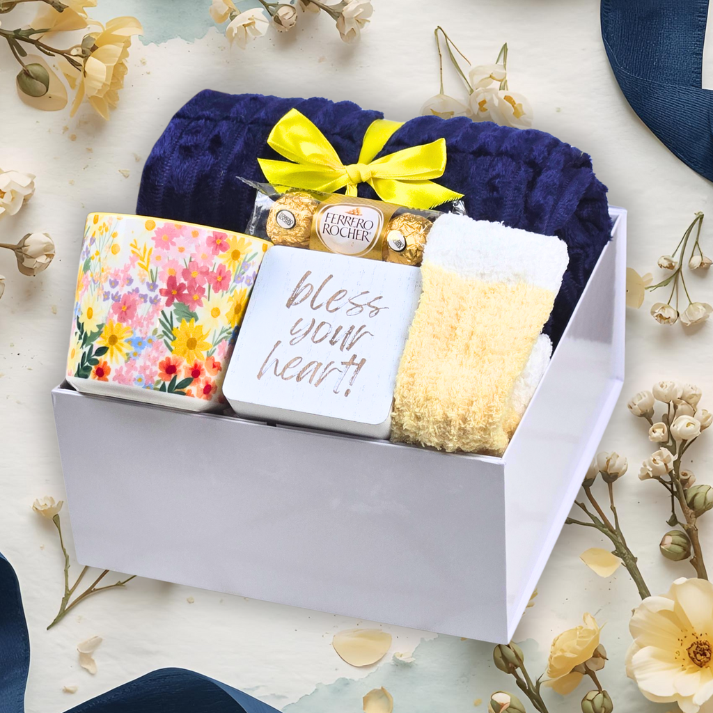 Southern Hospitality Gift Box – Cozy Navy Throw, Floral Mug, ‘Bless Your Heart’ Decor, Fuzzy Socks & Chocolates