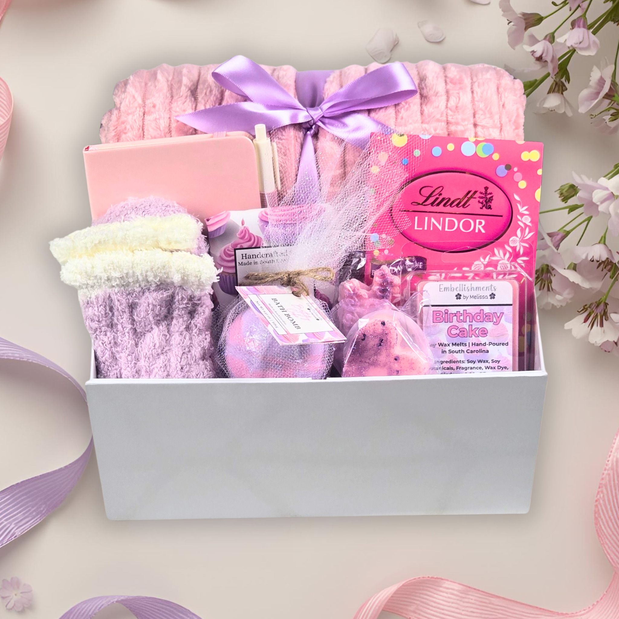 Luxury Birthday Gift Box for Her – Pink Throw, Lavender Ribbon, Birthday Cake Truffles, Bath Bomb, Soap, Wax Melts & More