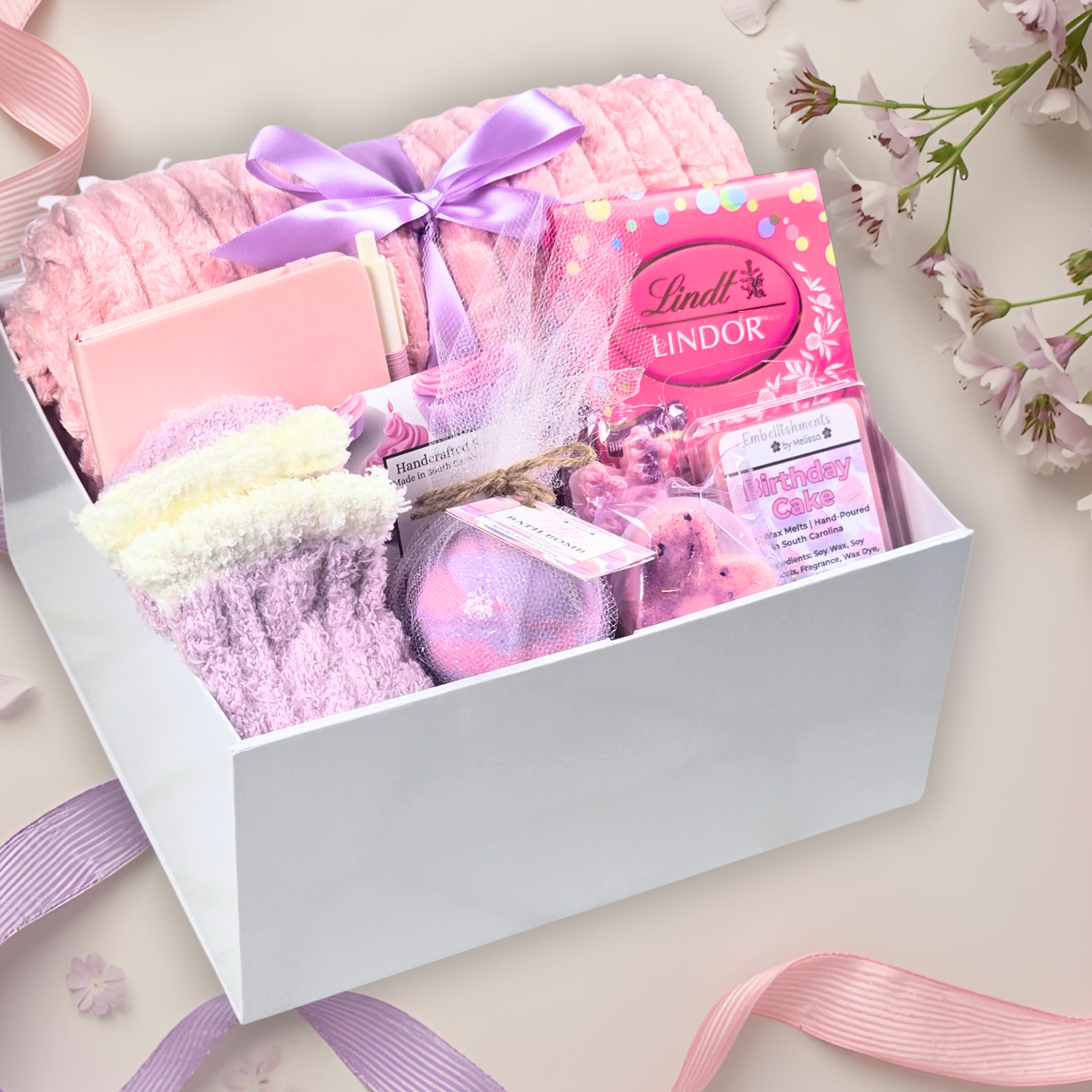 Luxury Birthday Gift Box for Her – Pink Throw, Lavender Ribbon, Birthday Cake Truffles, Bath Bomb, Soap, Wax Melts & More