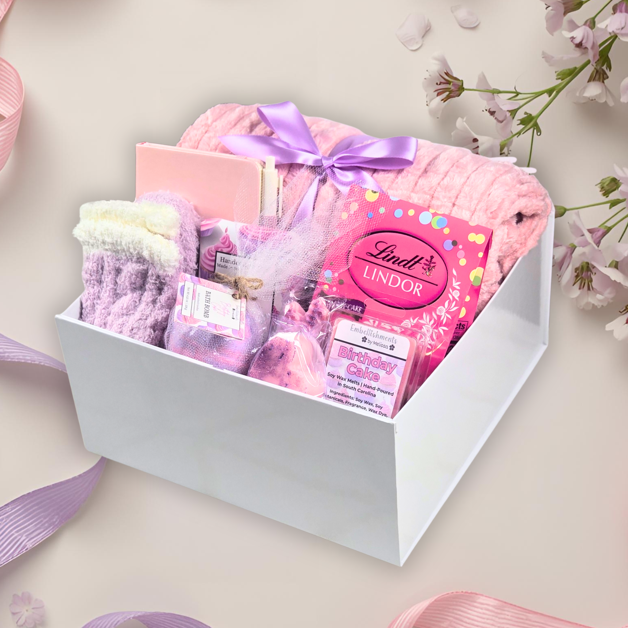 Luxury Birthday Gift Box for Her – Pink Throw, Lavender Ribbon, Birthday Cake Truffles, Bath Bomb, Soap, Wax Melts & More