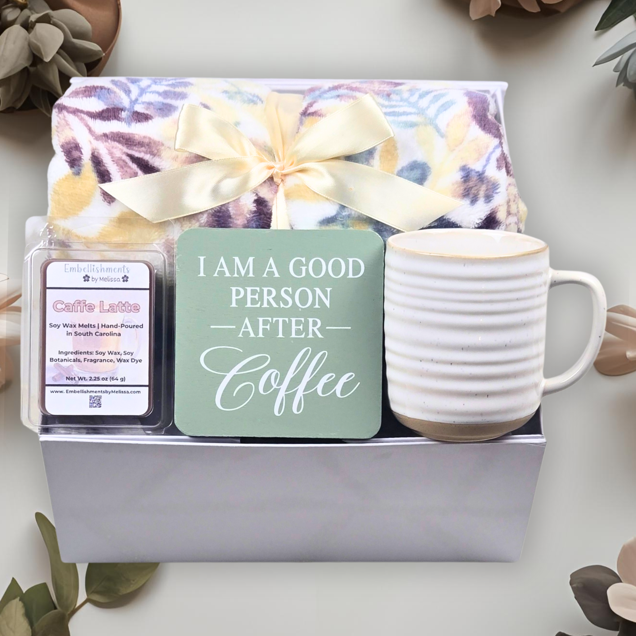 Coffee Lover’s Gift Set – Blanket, Mug, Latte Wax Melts & Cozy Coffee Decor