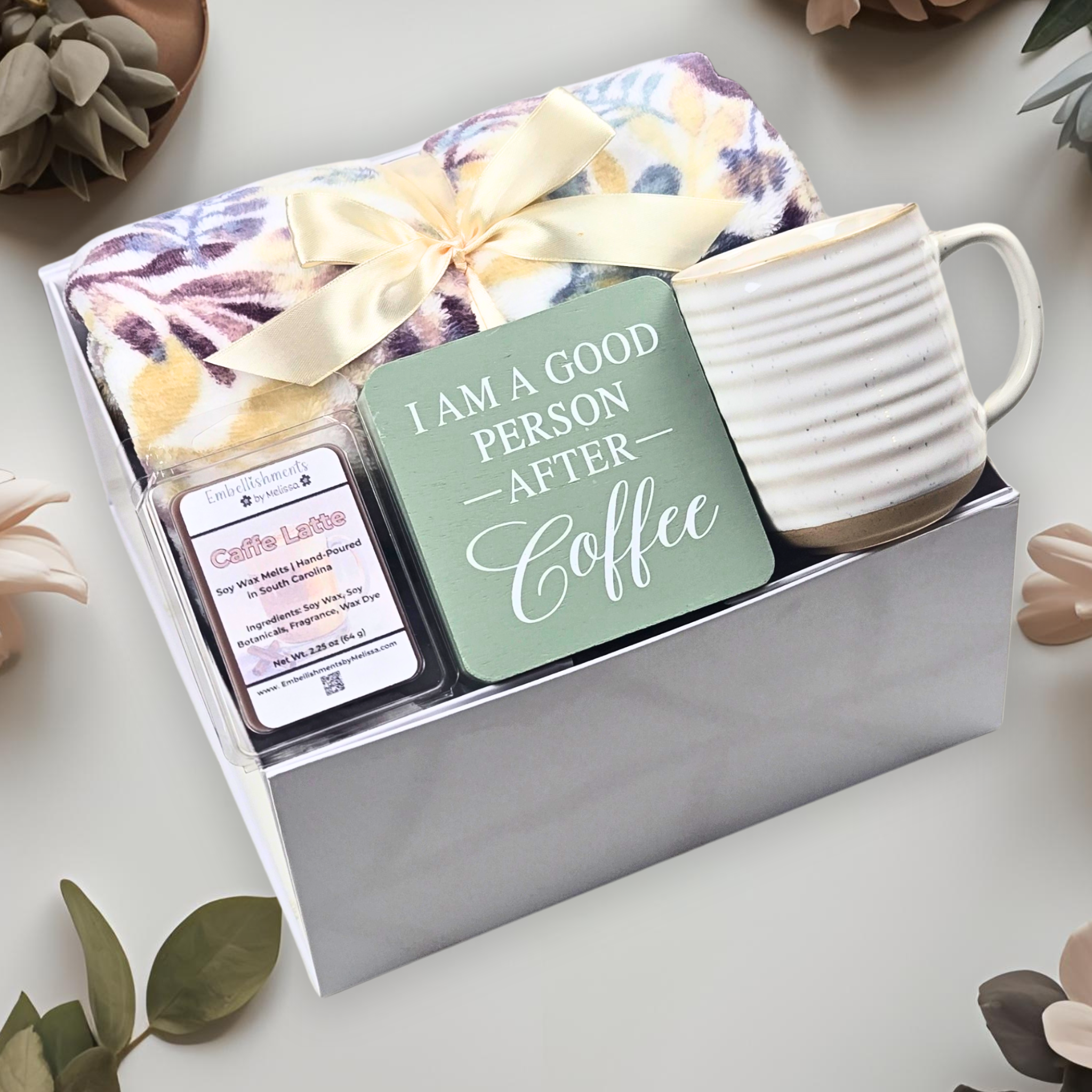 Coffee Lover’s Gift Set – Blanket, Mug, Latte Wax Melts & Cozy Coffee Decor