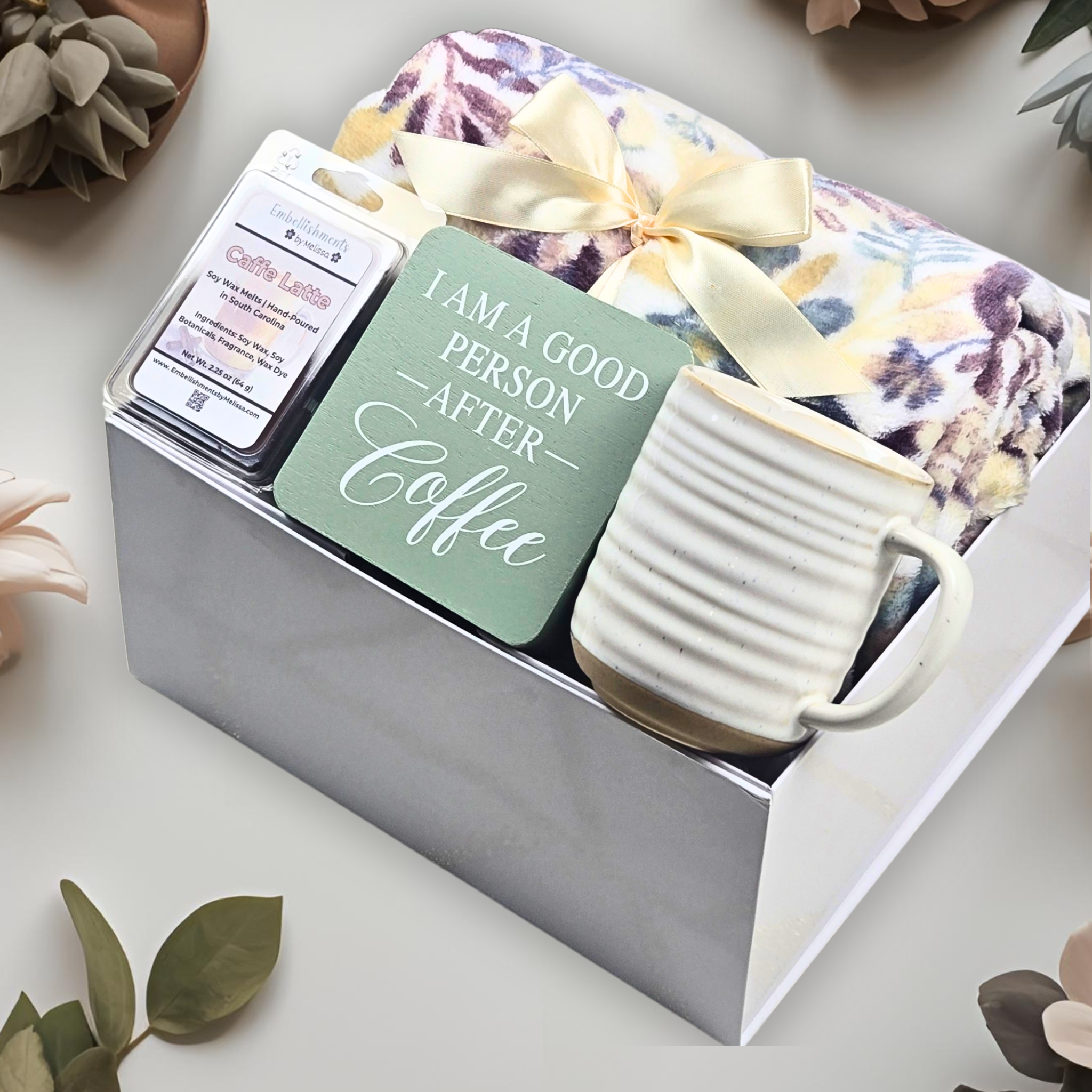 Coffee Lover’s Gift Set – Blanket, Mug, Latte Wax Melts & Cozy Coffee Decor